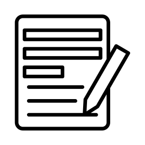 Icon of a clipboard with lined paper and a pencil.
