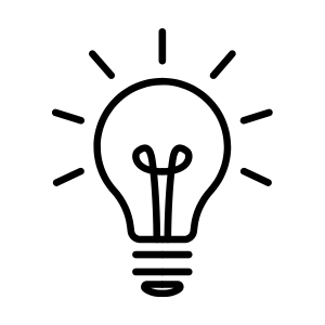 Line drawing of a light bulb with rays around it, symbolizing an idea or innovation.