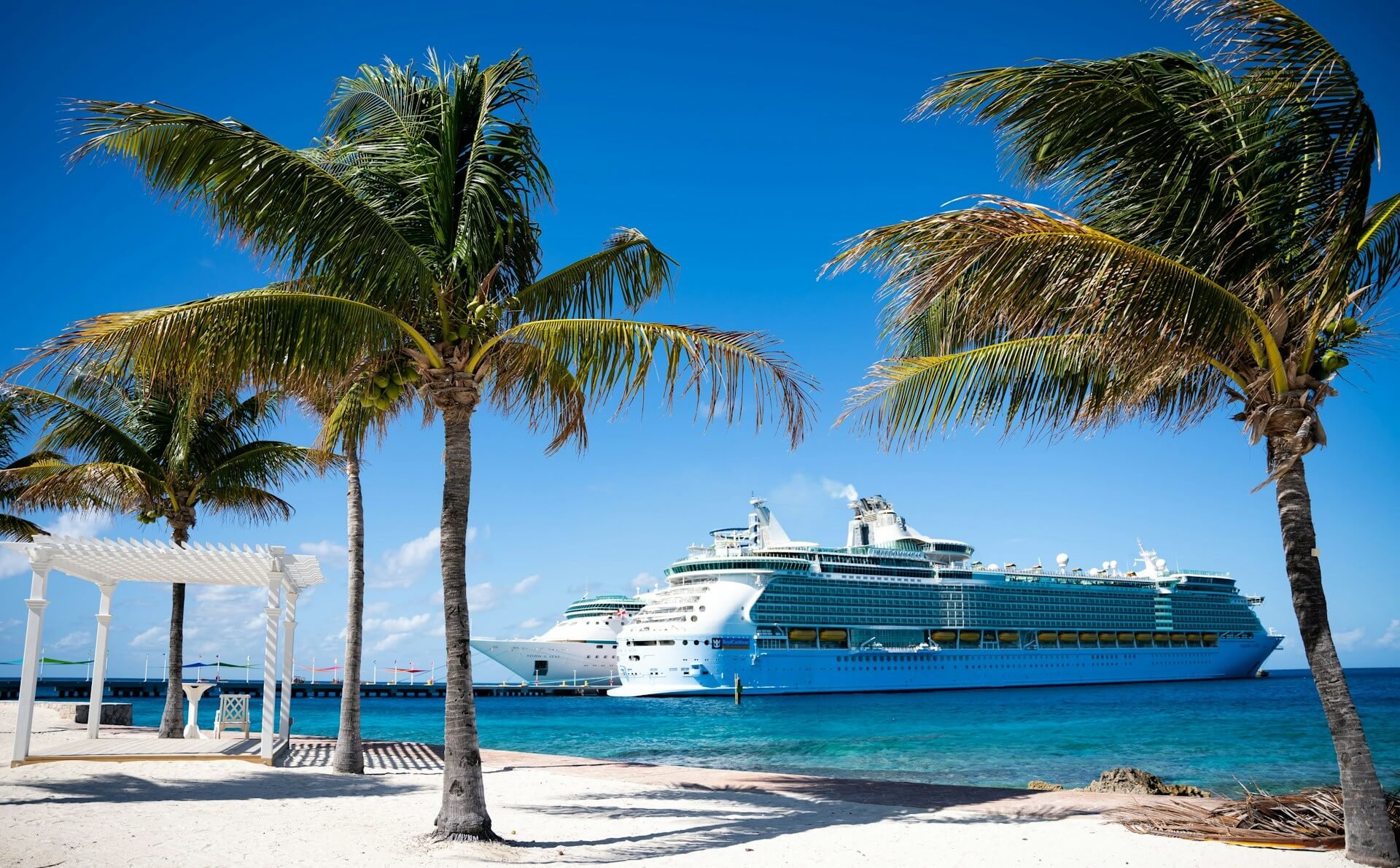 Cruise ship docked at a tropical beach with palm trees, white sand, and a blue sky.