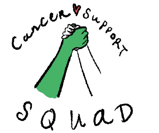 A green hand holding a pencil with a small red heart above and the words "Children's Support Squad" written in a circular pattern around the hand and text.