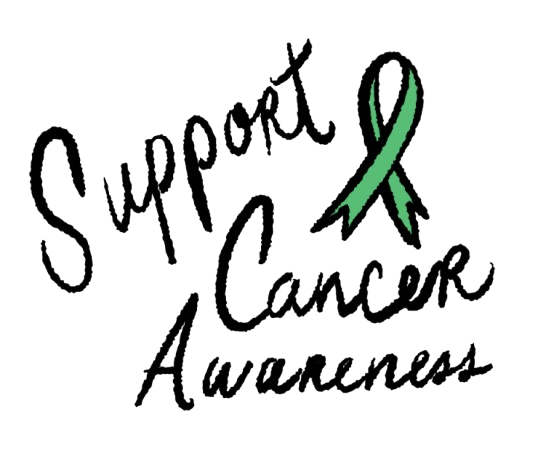 Support Cancer Awareness text with a green ribbon on a white background.