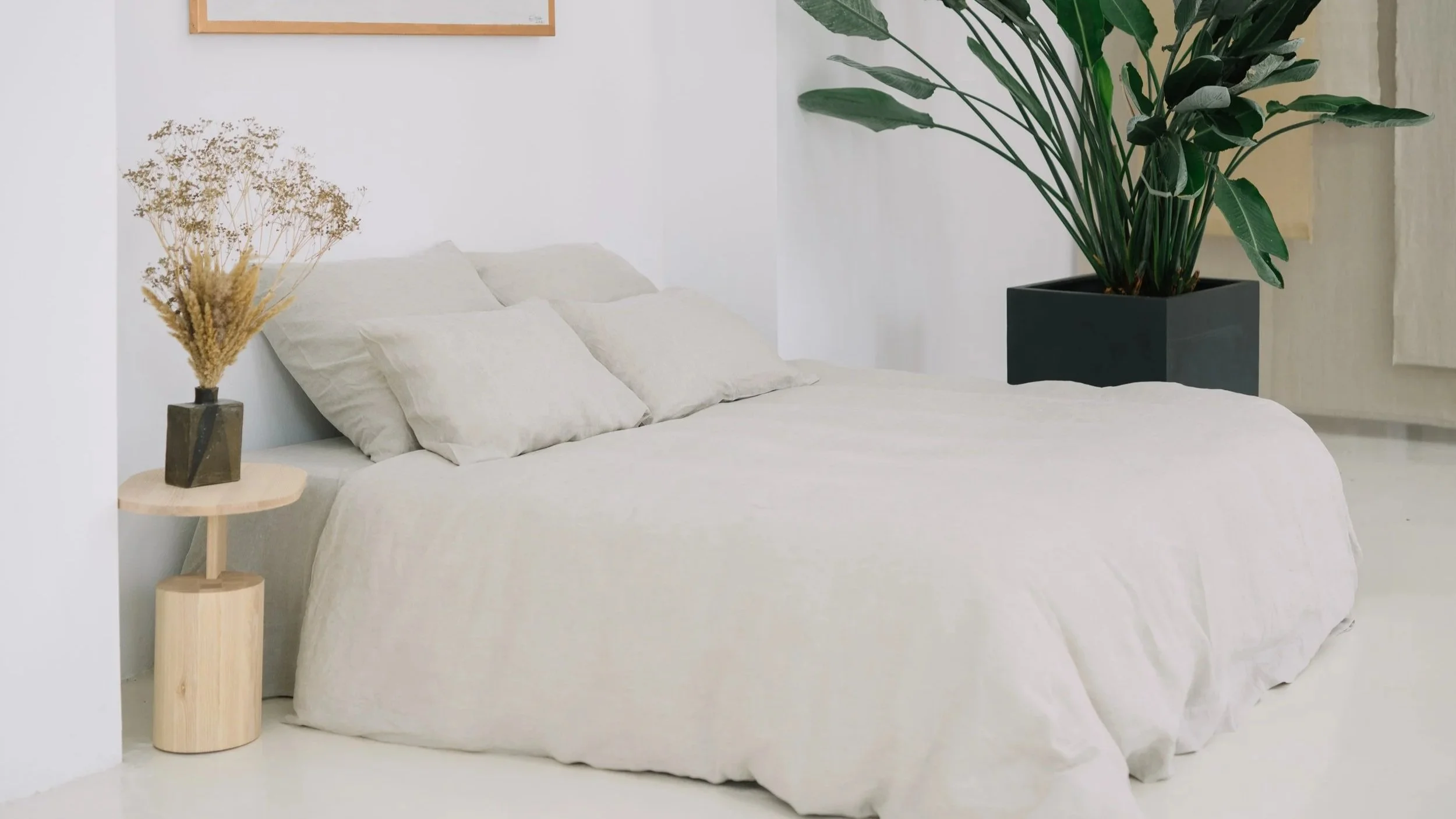 A minimalistic bedroom with a bed covered in beige linen, matching pillows, a small wooden side table with a black vase holding dried flowers, and a large potted green plant in a black square planter in the corner.