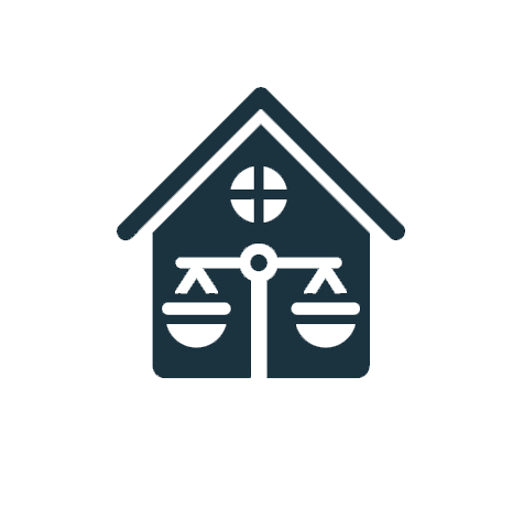 Icon of a house with a scale inside, representing legal or housing justice.