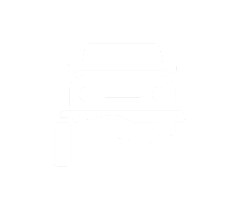 Icon of a hand holding a car wearing a hat, against a black background.