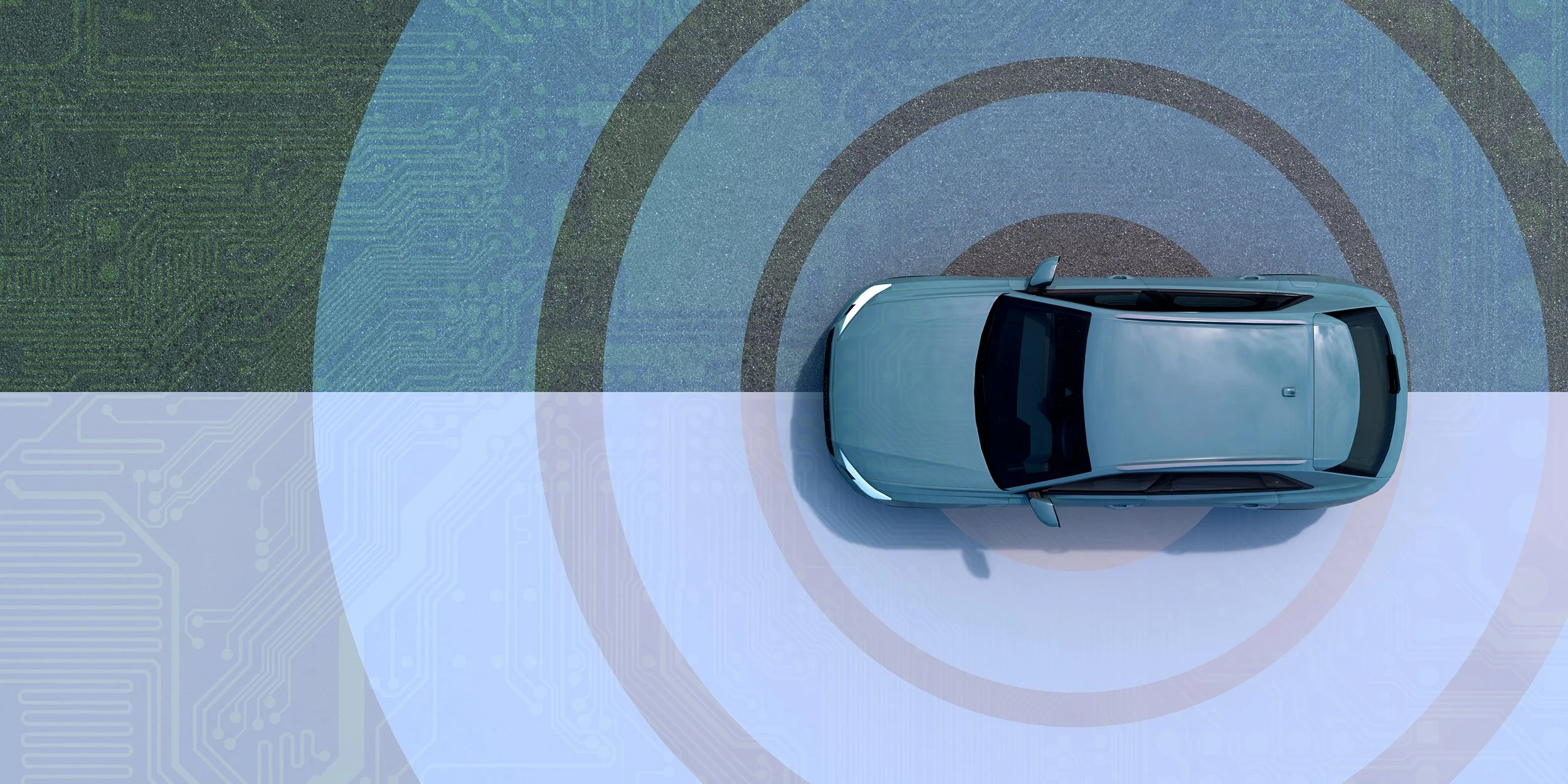 Top-down view of a blue autonomous vehicle with radar sensors on the front, surrounded by digital radar graphic overlays on a surface that combines digital circuit patterns and textured material.