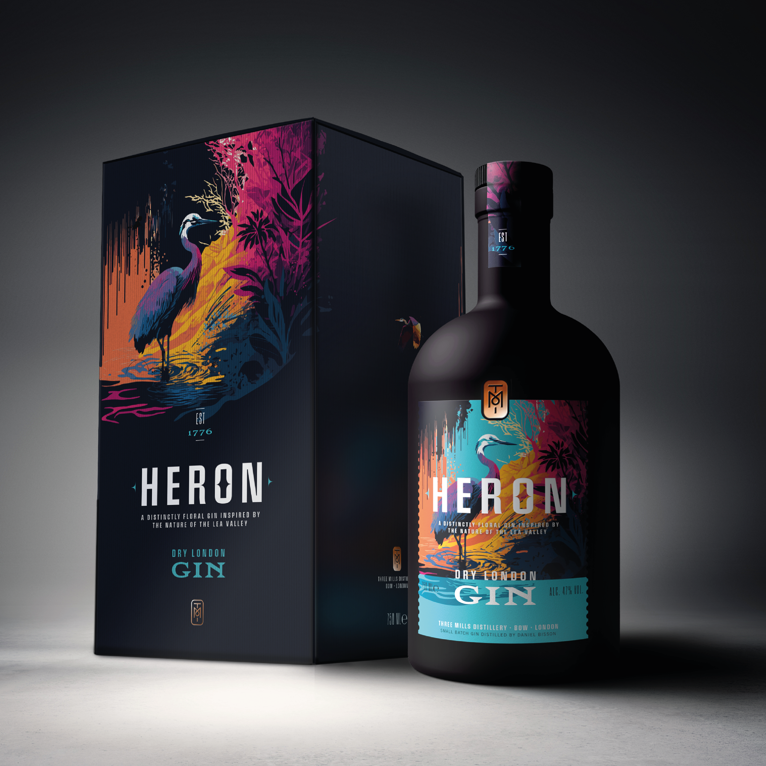 ThreeMills_Gin label_heron_Bottle.png