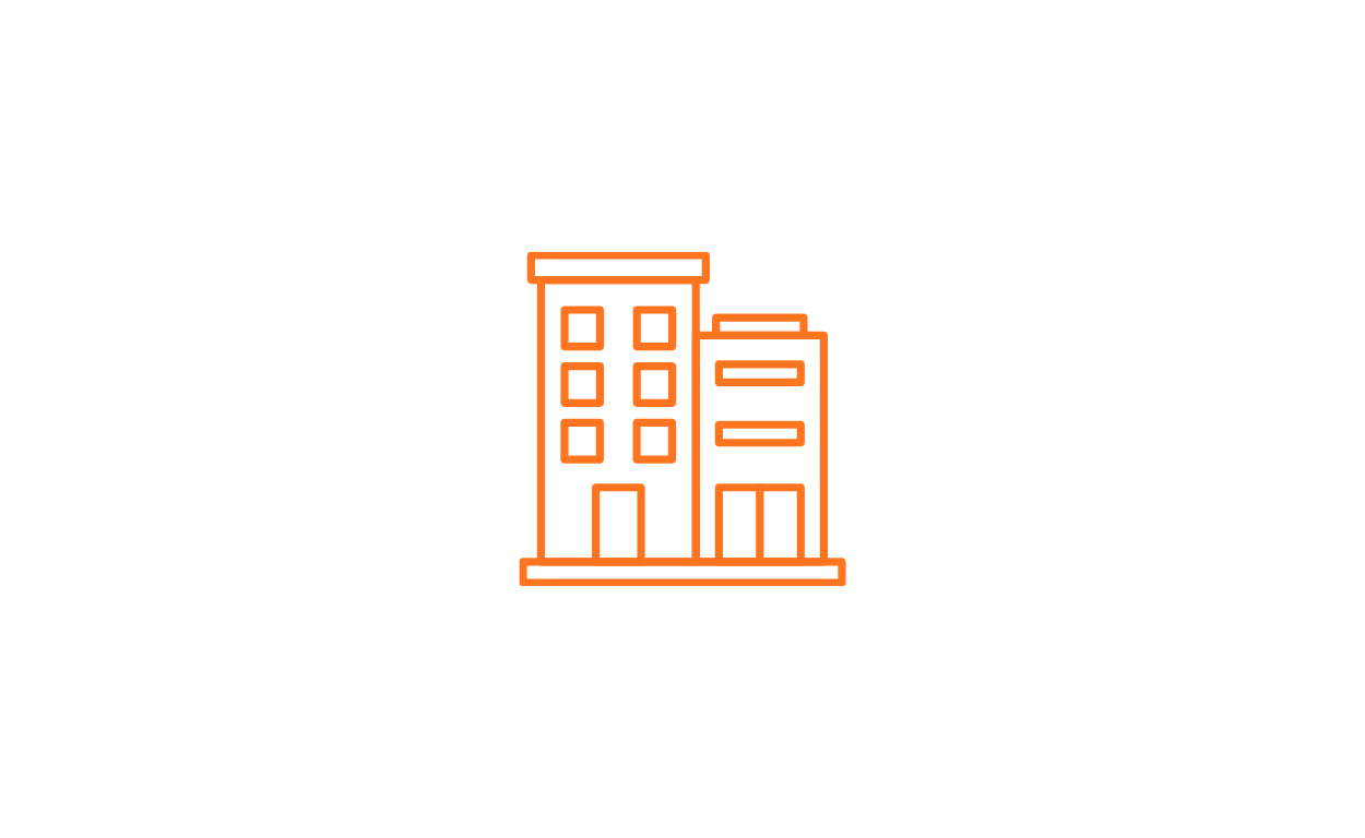 Outline of two orange buildings on a black background