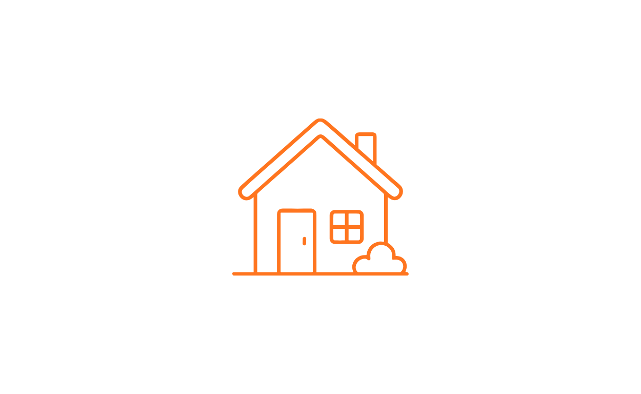 Outline drawing of a house with a tree next to it, set against a black background.