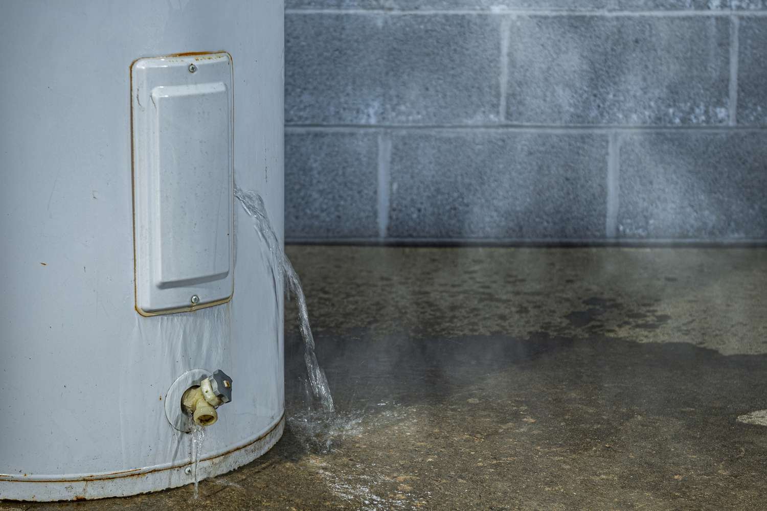 A water heater with water leaking out near the base, on a concrete floor with water pooling on the ground.