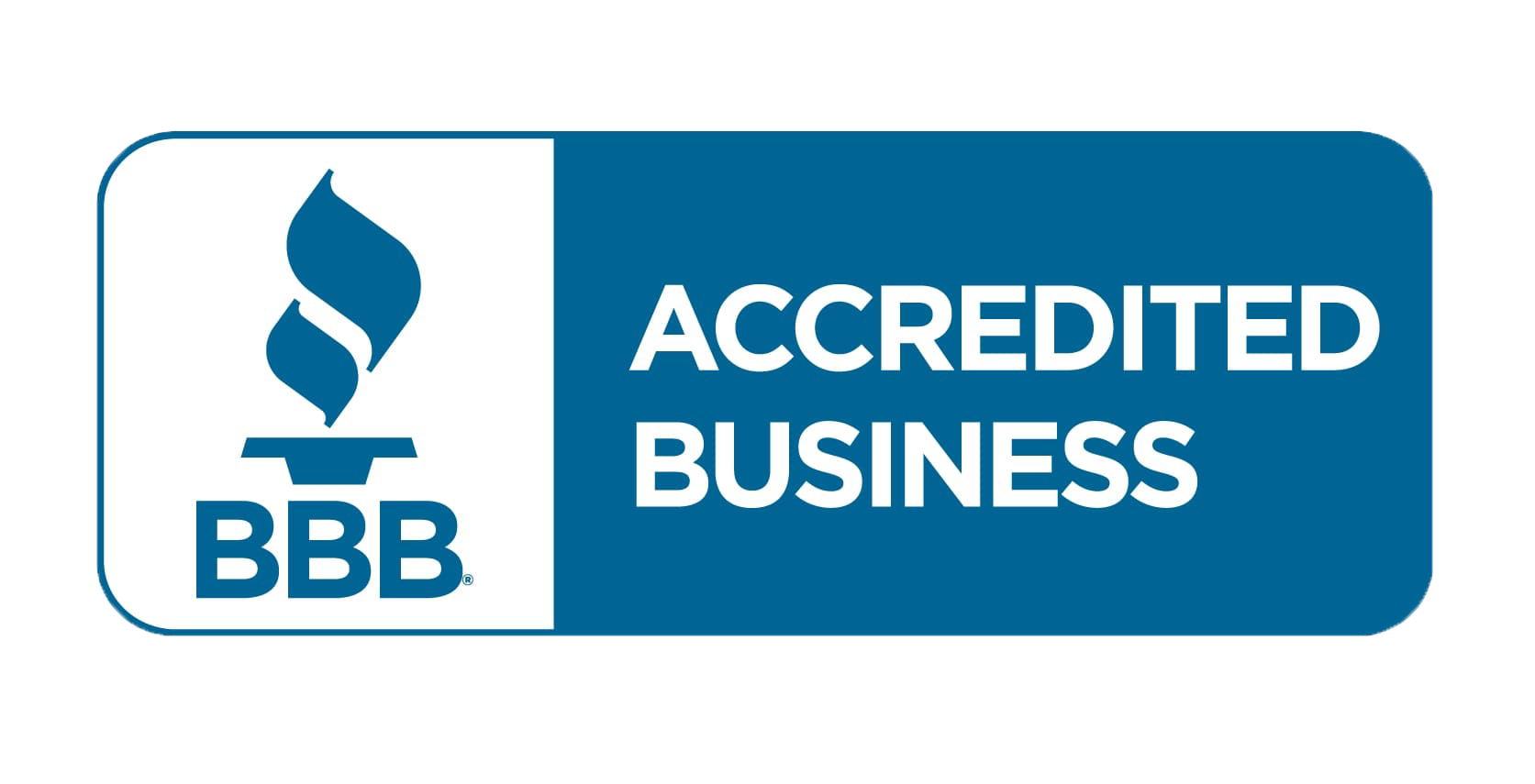 BBB Accredited Business logo with blue and white color scheme, featuring the BBB flame icon and text indicating accreditation status.