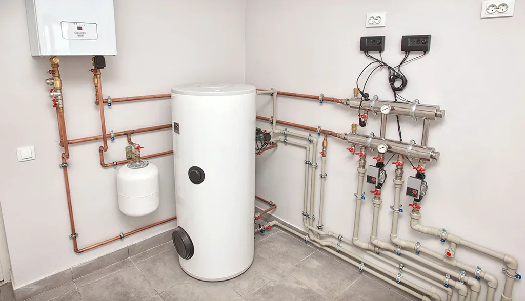 Utility room with water heater, pipes, gauges, and electrical outlets.