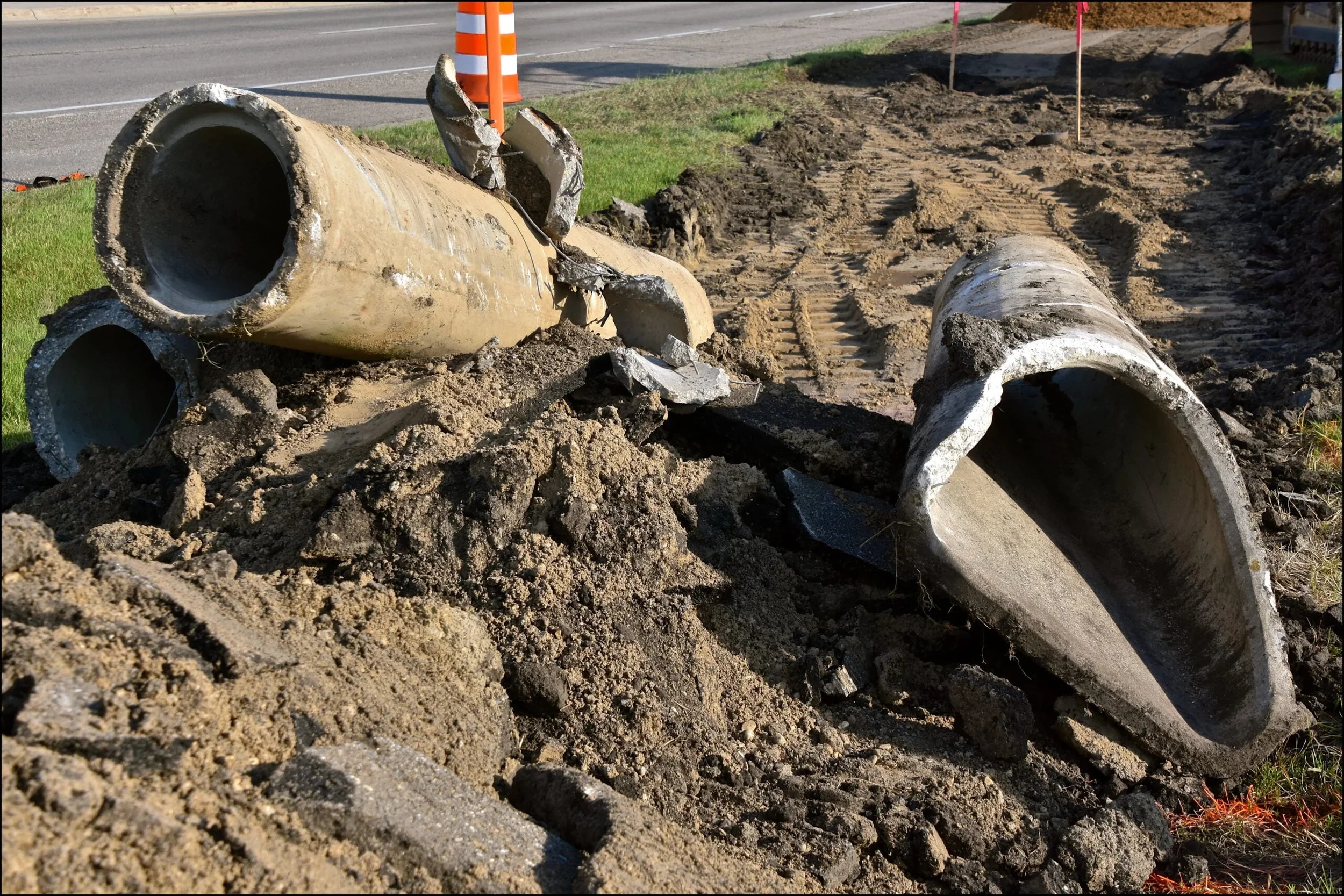 Construction site with two large broken sewage pipes and dirt piled around, adjacent to a road with construction cones in the background.