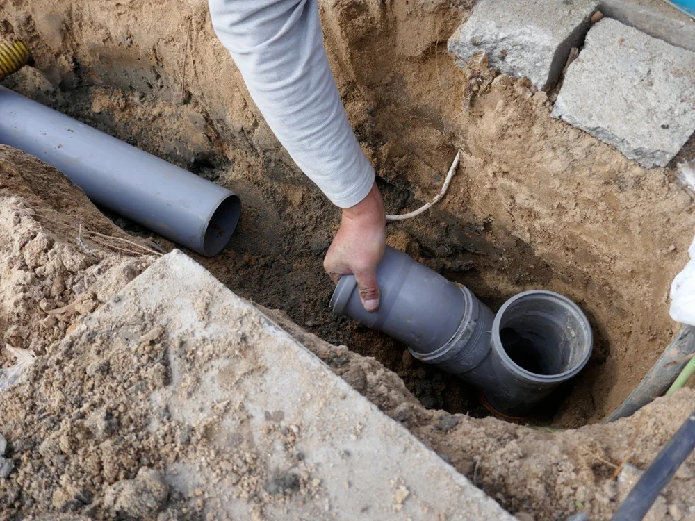 Person installing a gray PVC pipe in an underground trench with dirt and bricks nearby.
