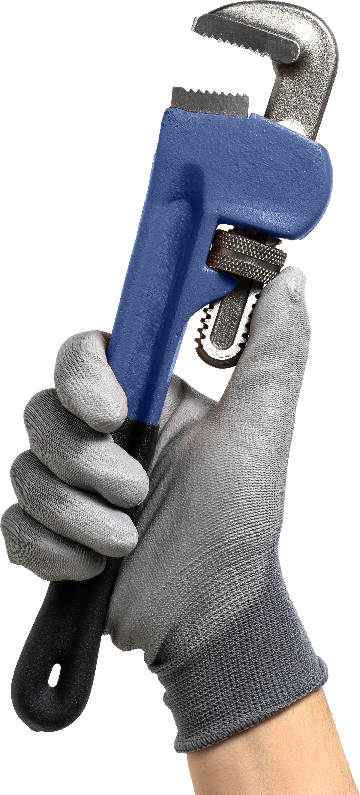 A person wearing a gray textured glove holds a pipe wrench with a blue handle and a metallic adjustable head.
