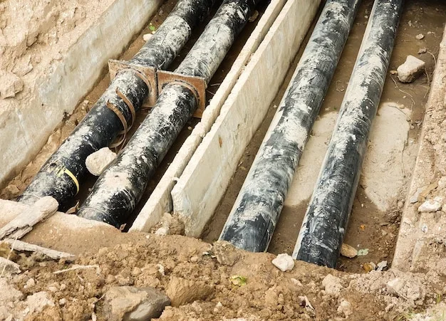 Four underground black pipes laid in a construction trench, supported by a concrete barrier, and surrounded by soil and rocks.