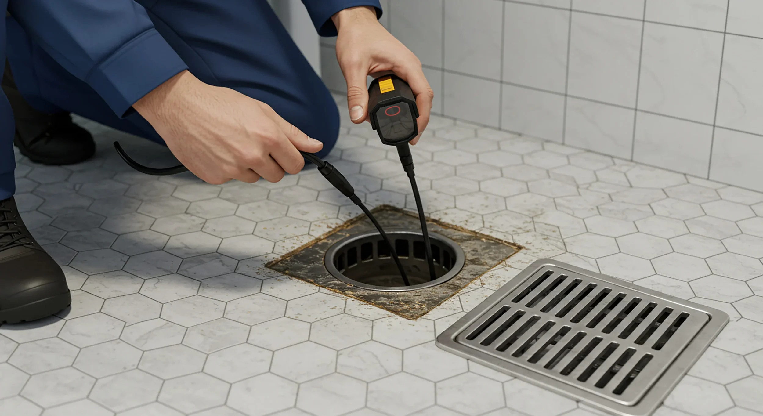 Technician inspecting a floor drain with moisture meter in a tiled bathroom.