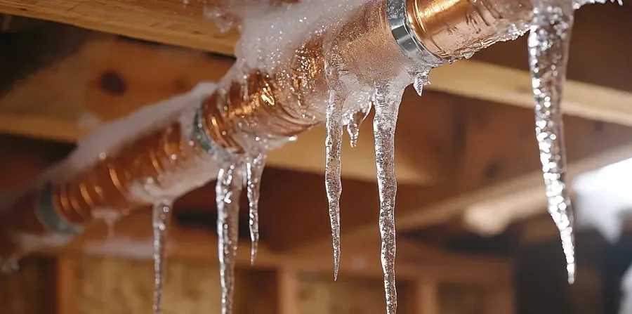 Icicles hanging from a copper pipe in a wooden structure, with snow and ice on top.