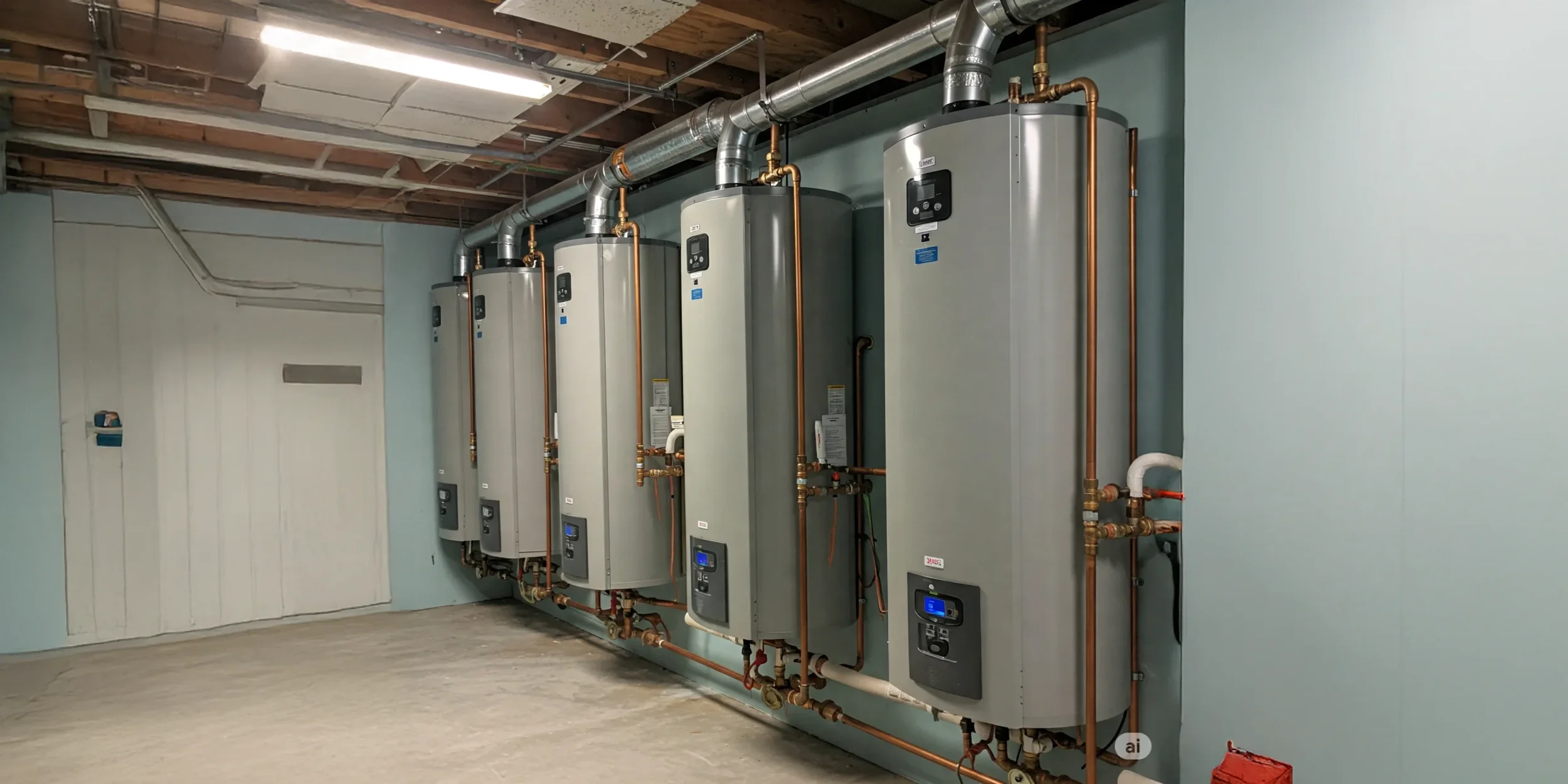 Four large vertical water heaters with digital displays, connected to copper and metal pipes, mounted on a light blue wall in a utility room with a concrete floor and exposed ceiling.