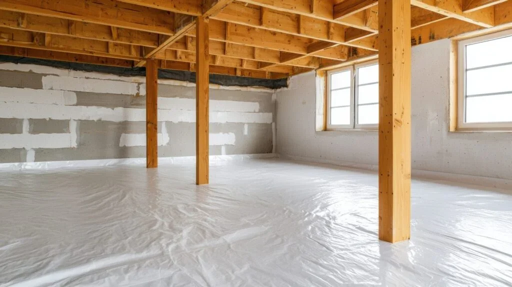 Empty unfinished basement with exposed wooden beams, concrete wall, plastic covering on the floor, and three windows.