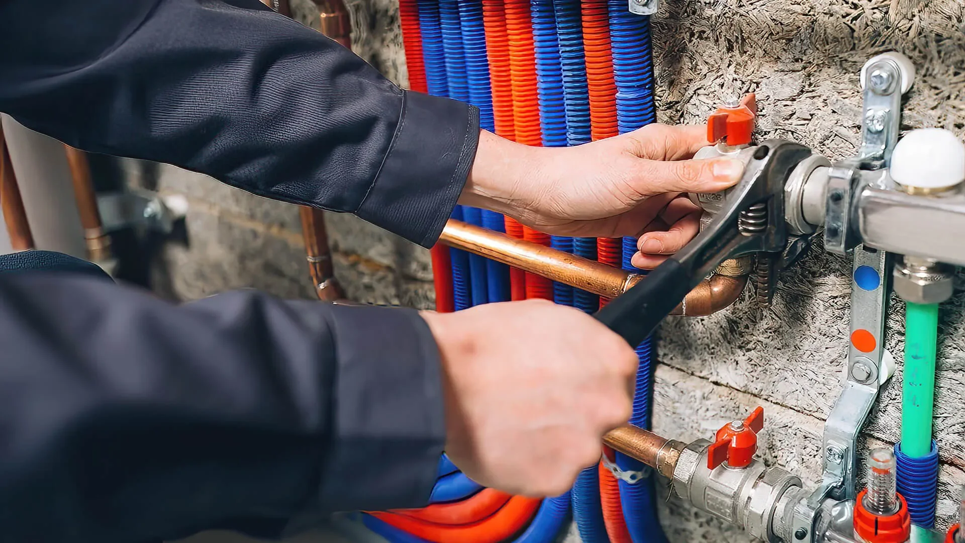 A person installing or repairing plumbing pipes and valves on a brick wall, with bundled blue and orange wires or tubes in the background.
