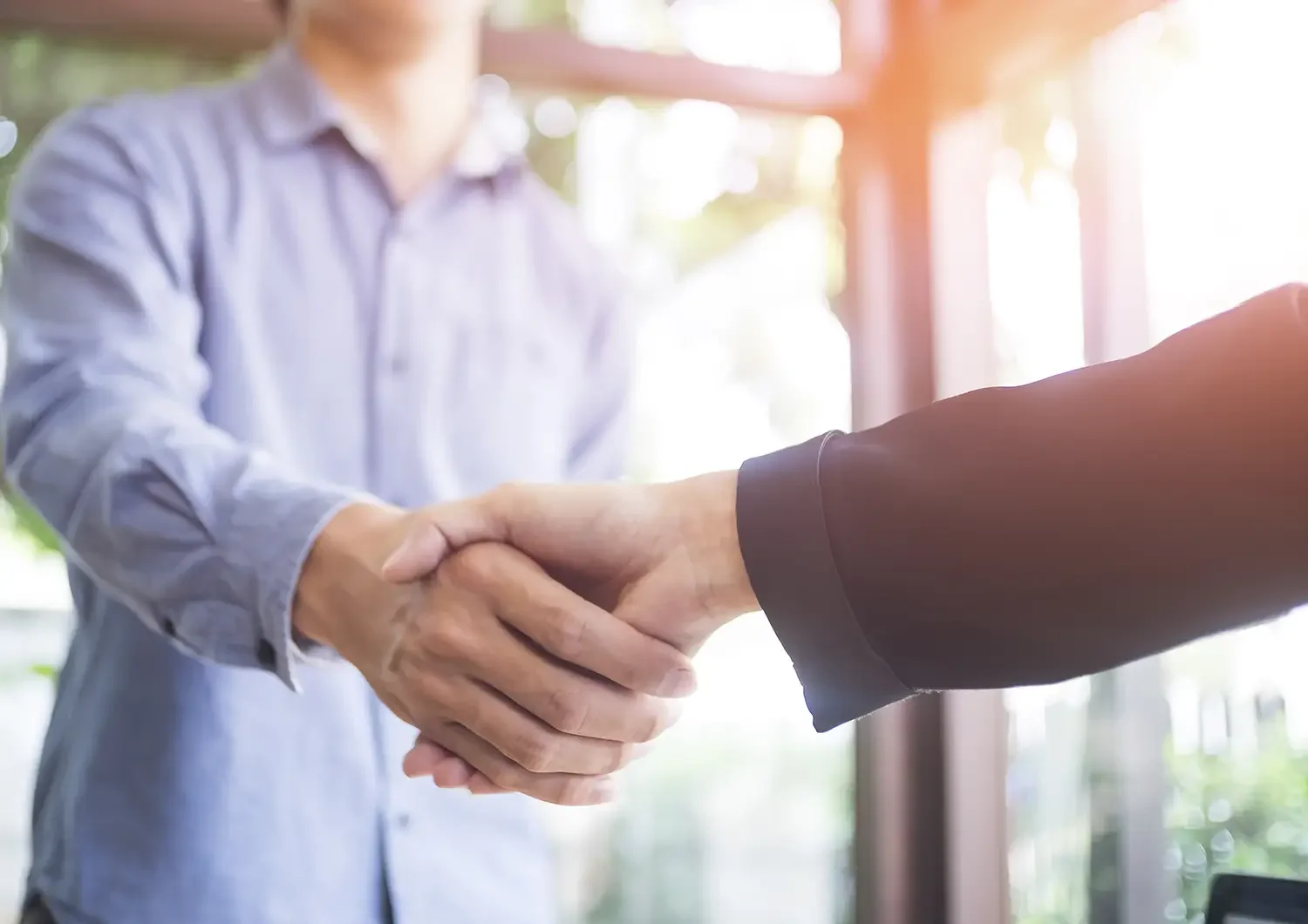 Two people shaking hands in a bright indoor setting, sunlight shining through the windows.