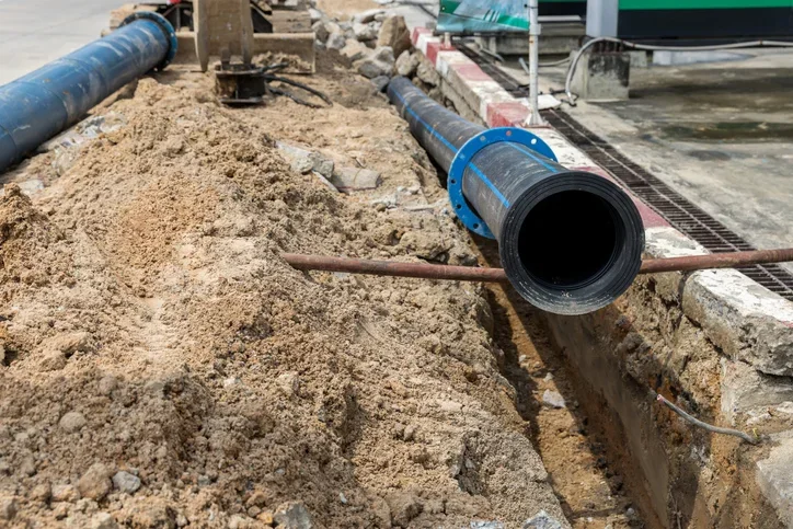 Construction site with a large black pipe laid in a trench and backed up by dirt and gravel, with sections of additional pipe and construction materials nearby.