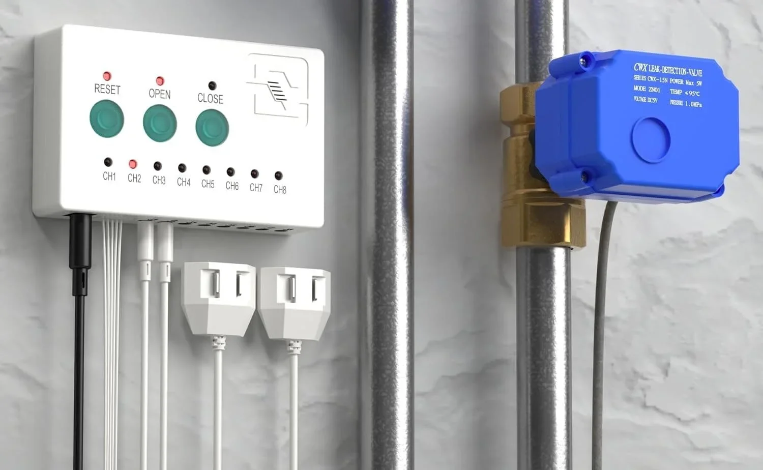 Electrical control panel and blue leak detection valve installed on a wall.