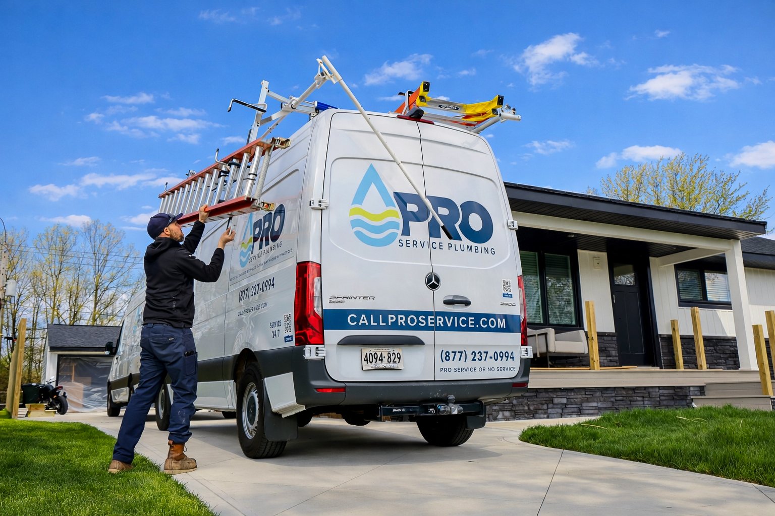 Professional residential plumber in Northeast Ohio preparing equipment from service truck at customer home