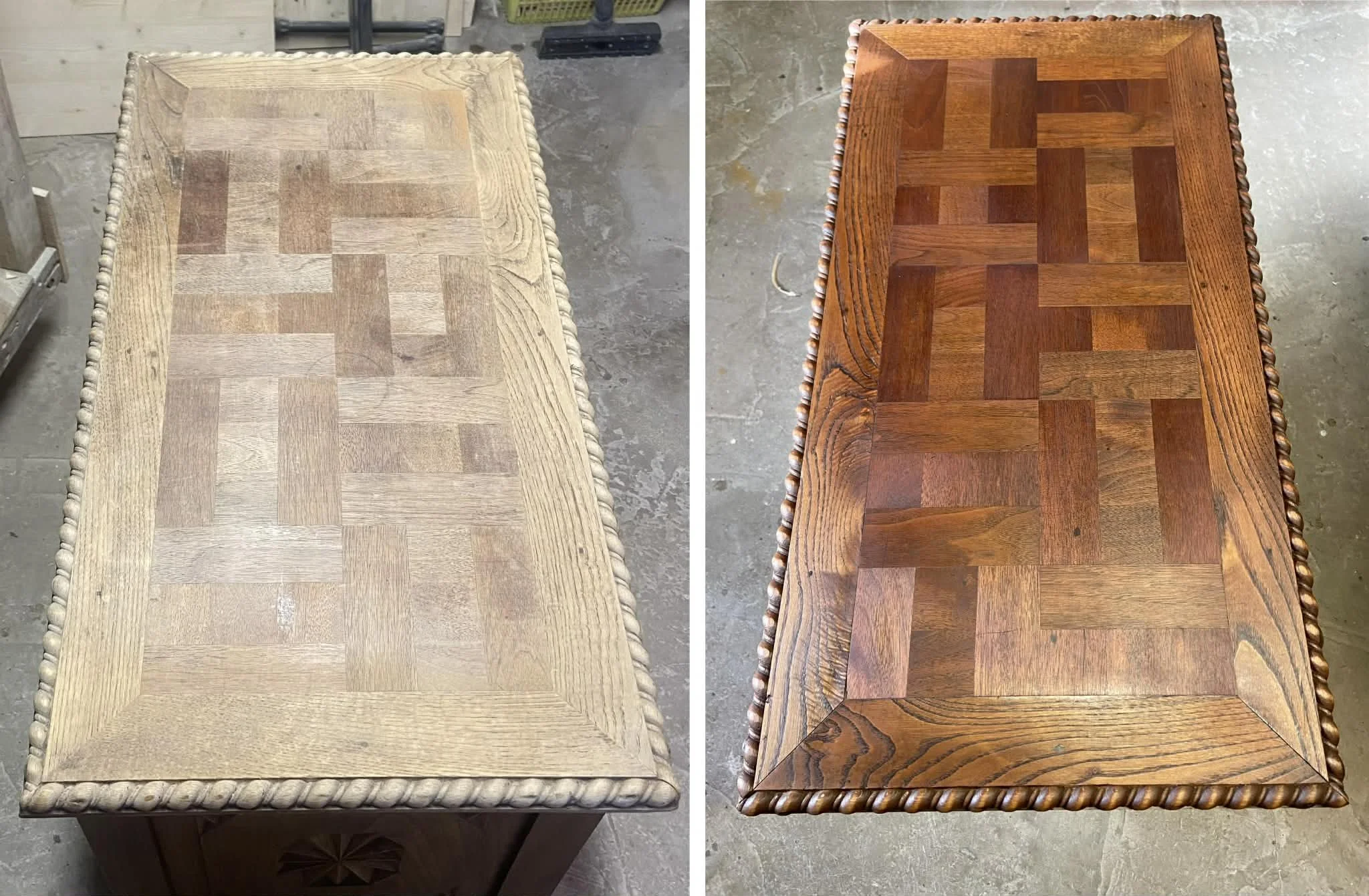 Comparison of two wooden tables, one unfinished on the left and one finished on the right, each with a parquet pattern and decorative rope edging.