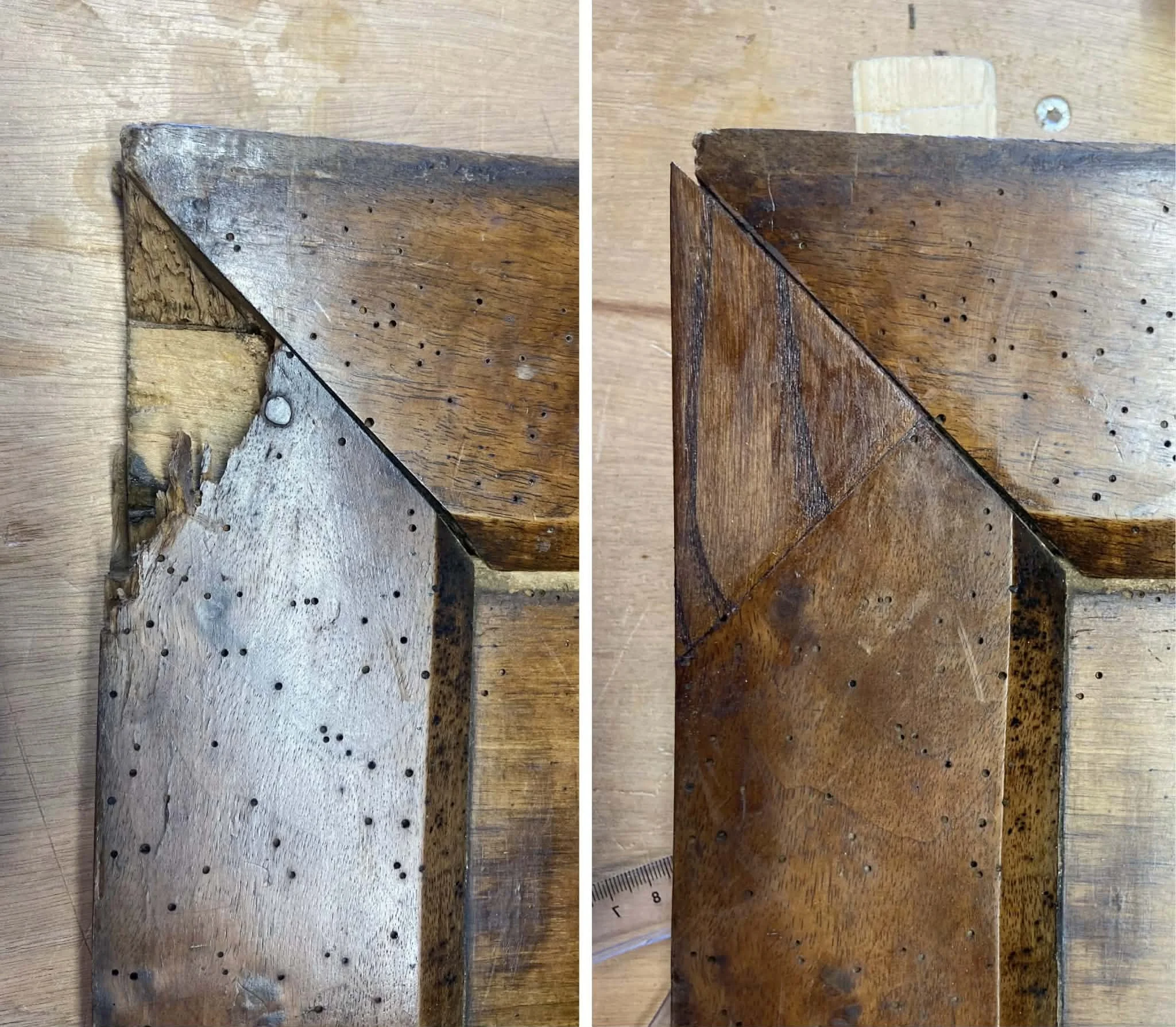 Comparison of two wooden furniture pieces, one in worse condition with visible damage and missing sections, and the other refurbished or repaired with smoother, darker wood.