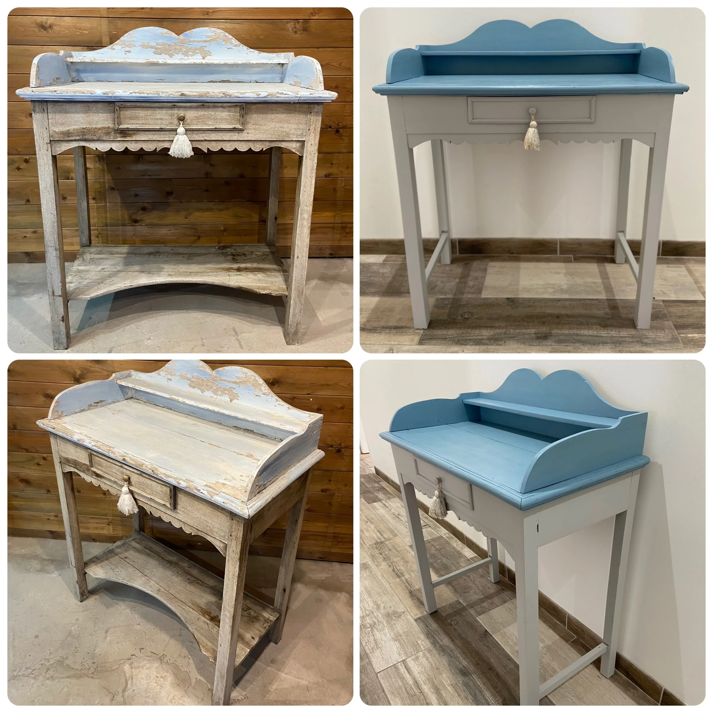 A side-by-side comparison of a vintage wooden writing desk before and after restoration. The original desk has chipped, faded paint with a distressed finish, while the restored desk has a fresh coat of light gray and blue paint, appearing revitalized