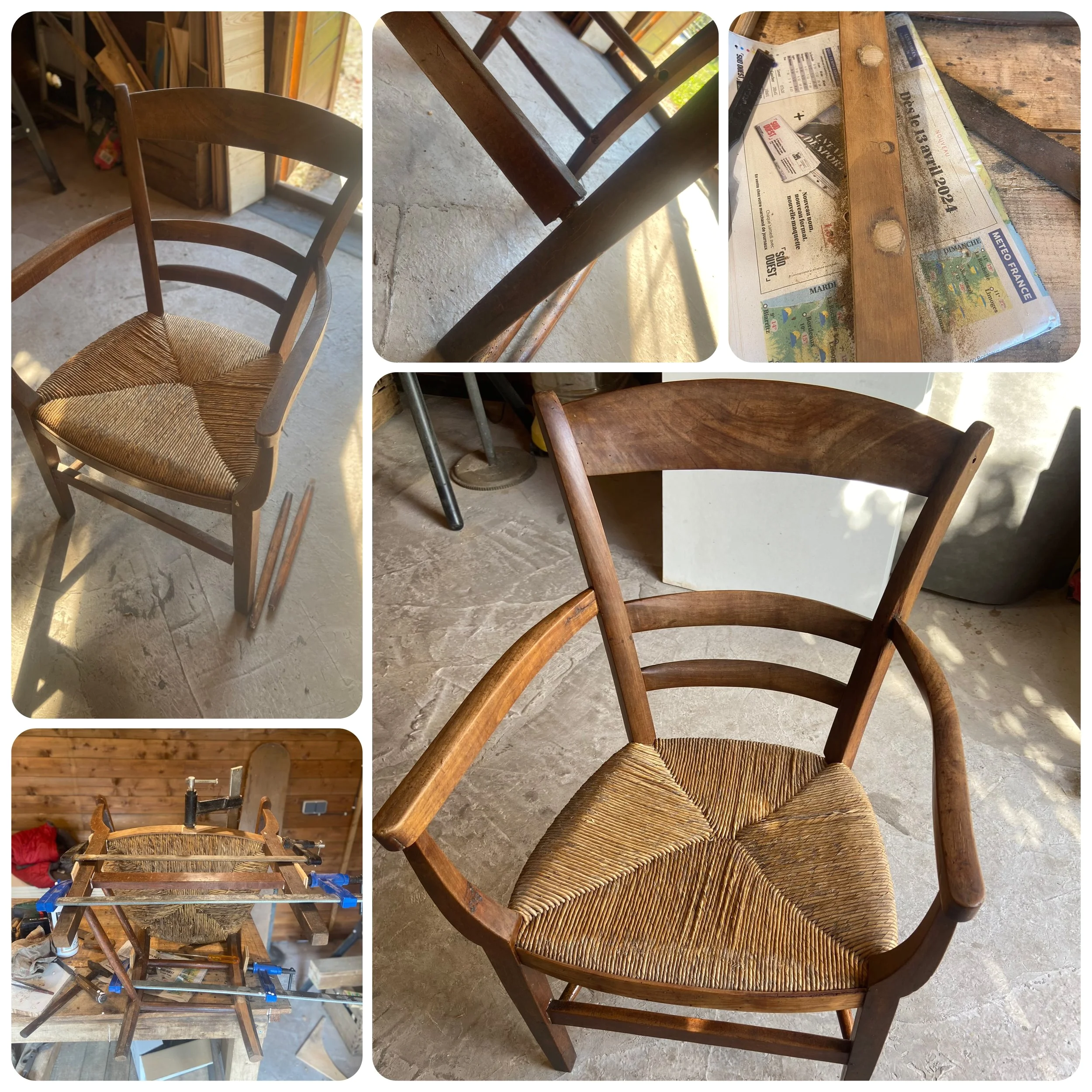 A collage of six photos showing the process of repairing or restoring a wooden chair with a woven seat. The photos include the chair from different angles, the chair's legs and frame, tools and clamps for restoration, and the chair after restoration 