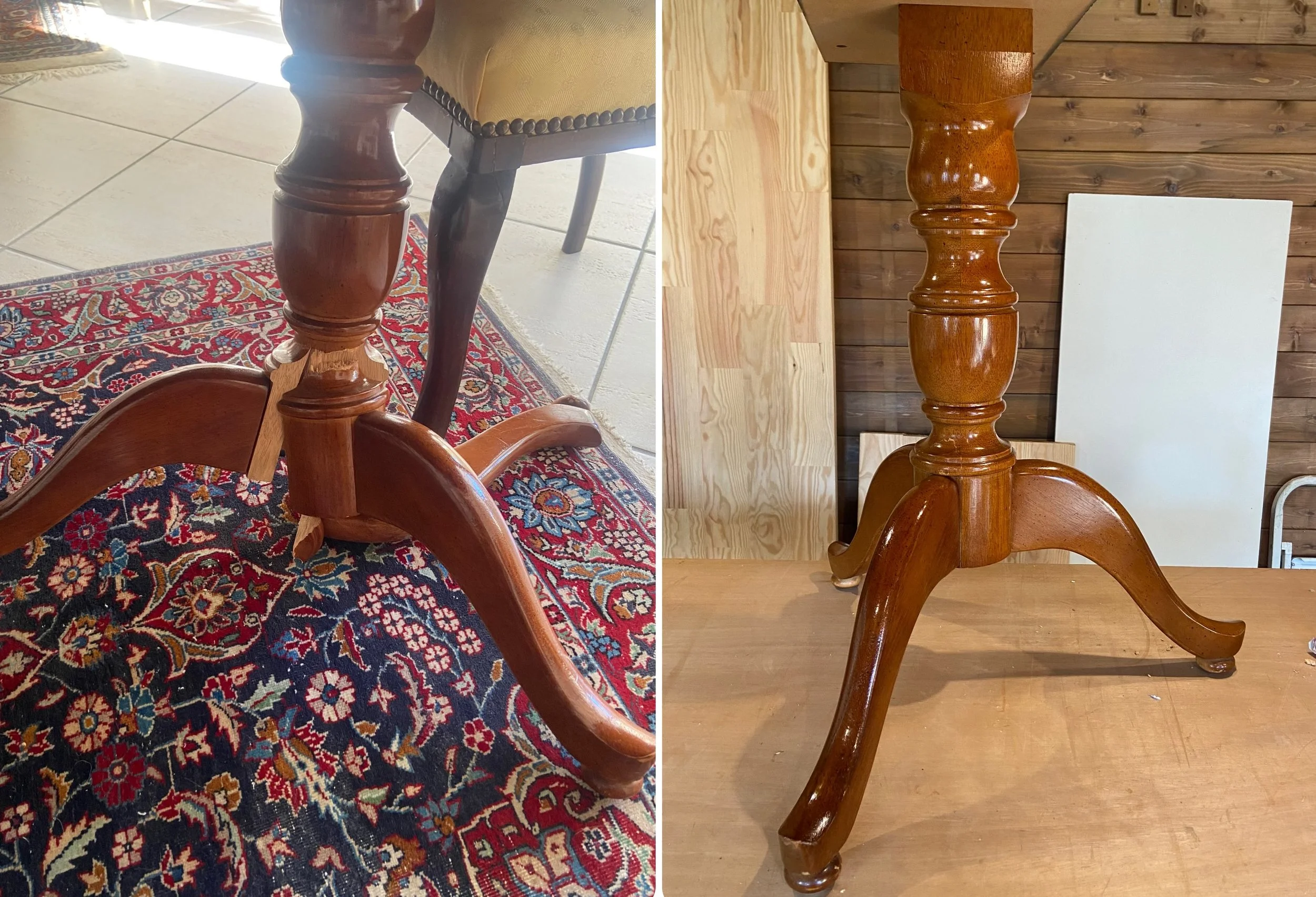 Side-by-side images of wooden table legs, showing differing finishes and design details.