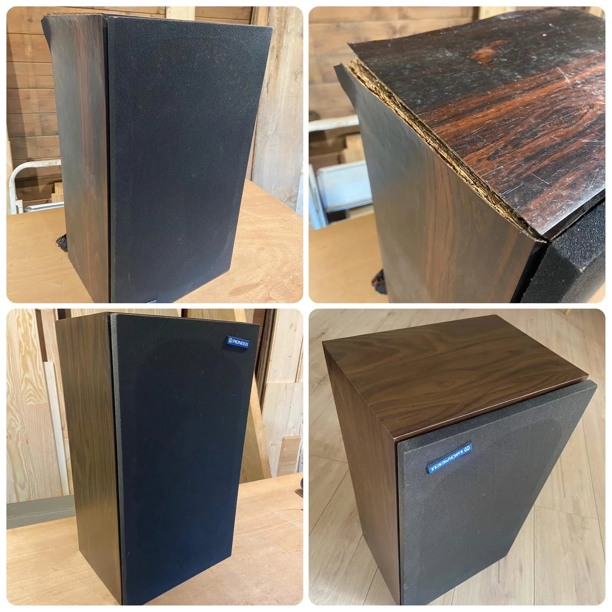 A collage of four images showing an old wooden speaker before and after restoration. The top left and bottom left images display the speaker with a black front panel, the top right image shows the top of the speaker with worn and chipped wood, and th