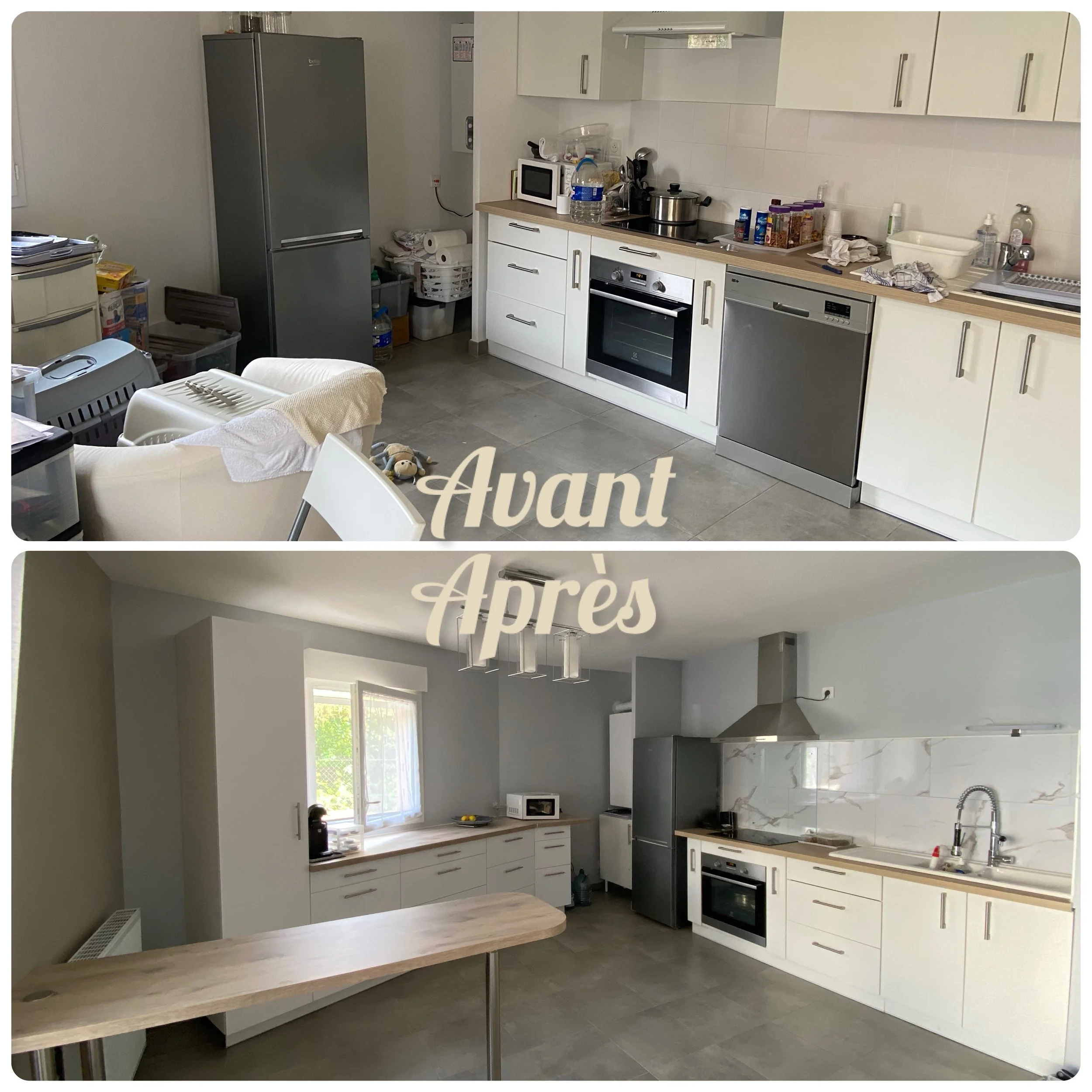 Comparison of a kitchen before and after renovation. The 'Avant' photo shows a cluttered kitchen with white cabinets, a stainless steel refrigerator, and many items on the countertop. The 'Après' photo displays a clean, modern kitchen with white cabi