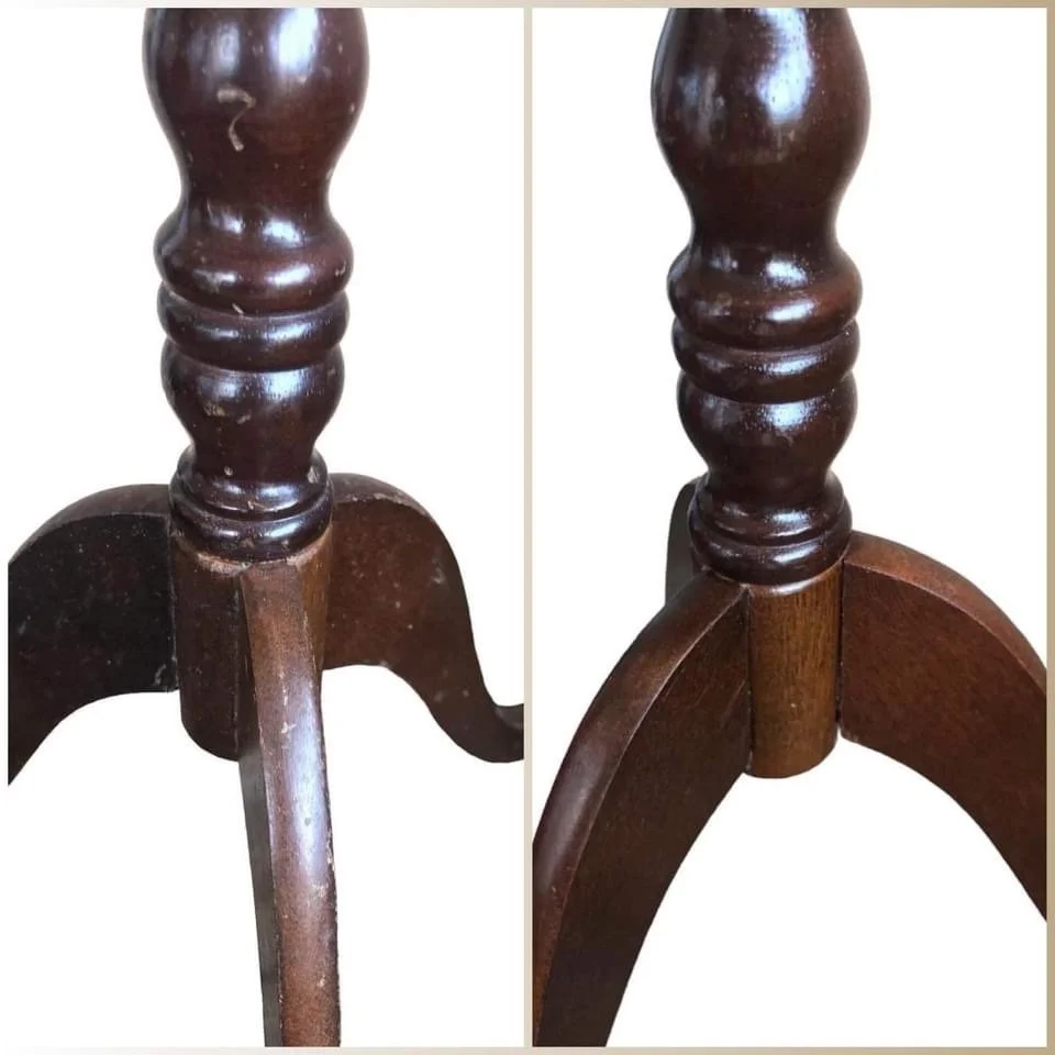 Close-up of a wooden table leg, showing before and after polishing or restoration.