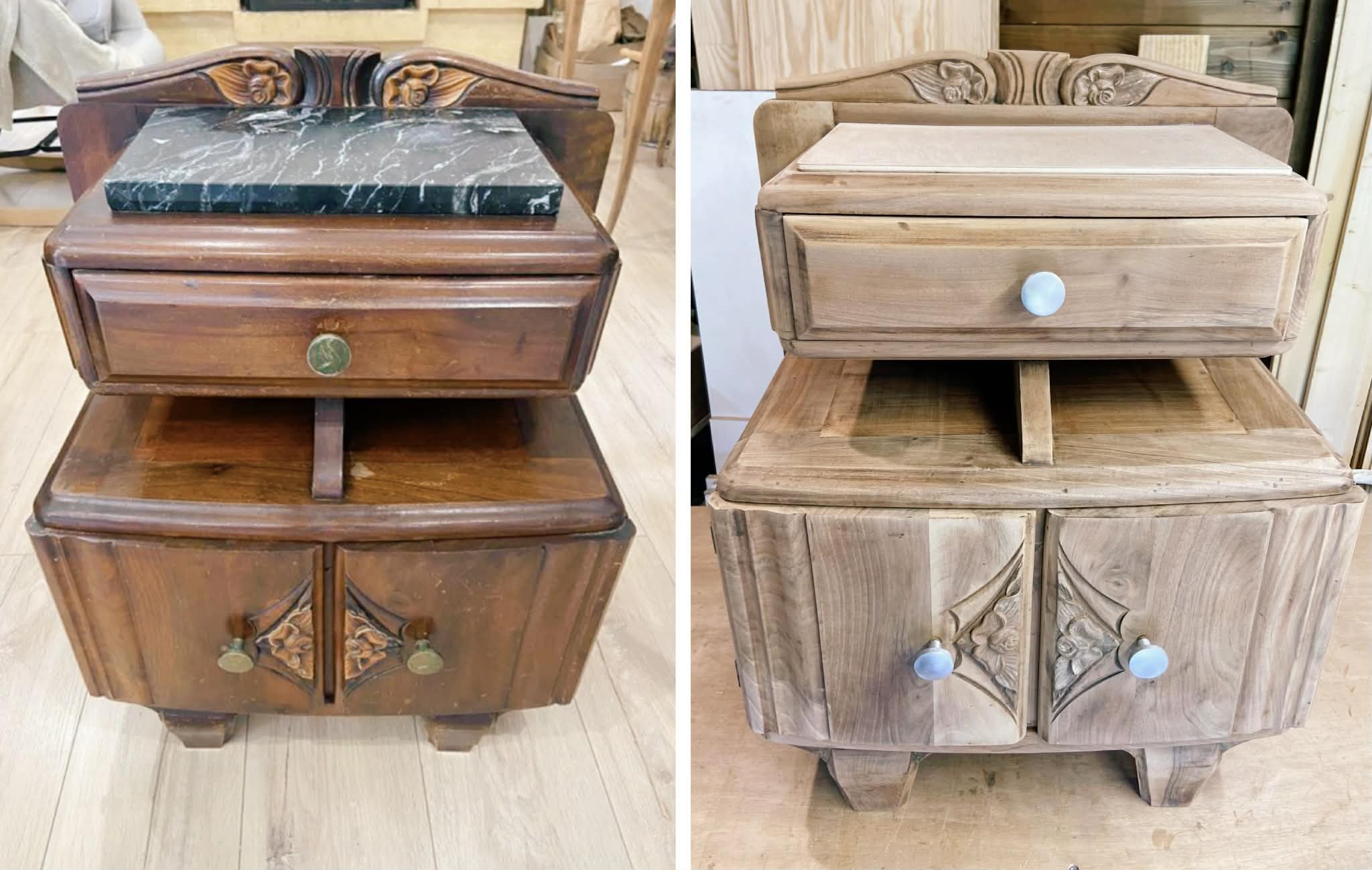 Comparison of two wooden furniture pieces with drawers and carved decorative elements. The left piece is darker with a marble-like top, and the right piece is lighter with a plain wooden top.