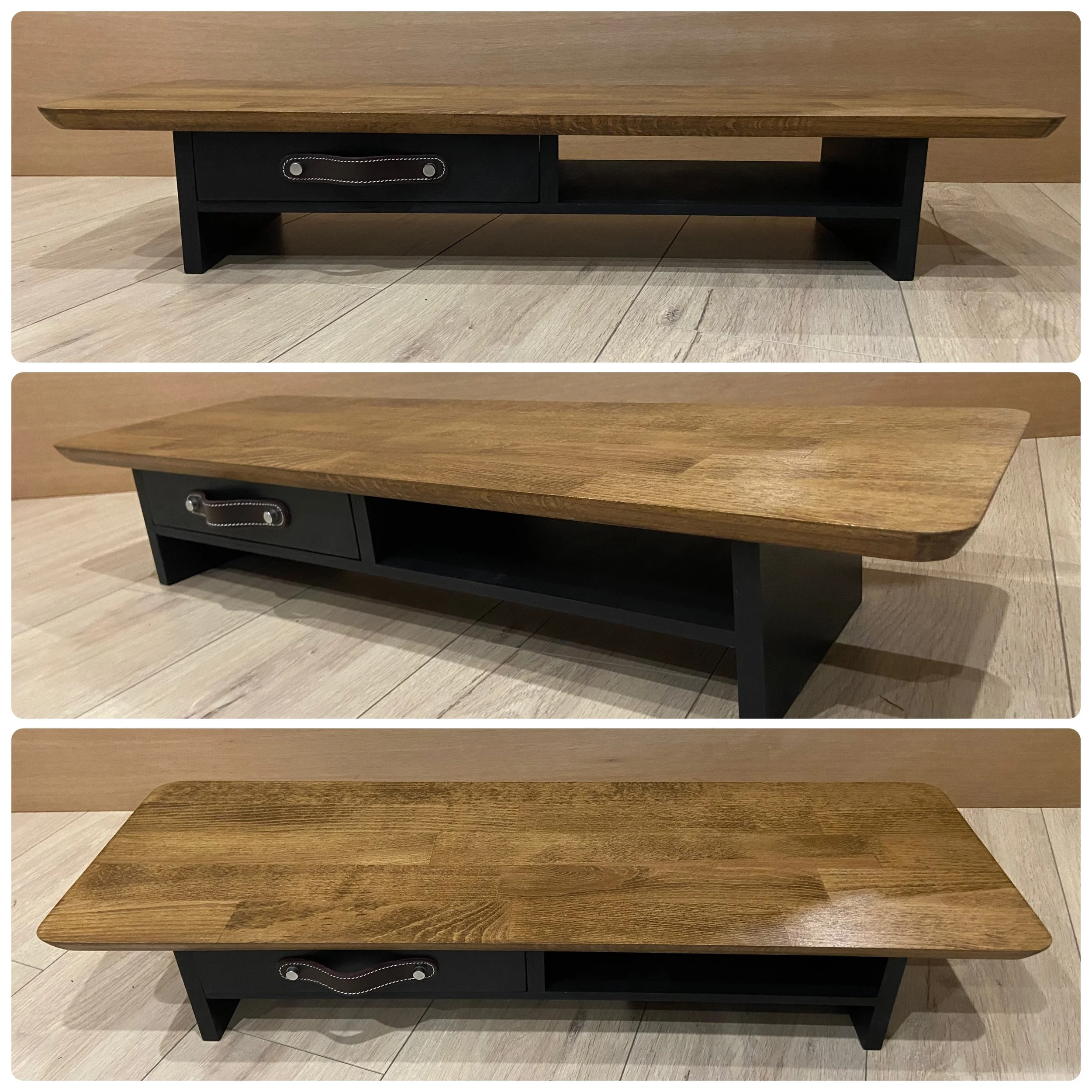 Photo of a low wooden and black table with a drawer and open shelf, viewed from three angles.