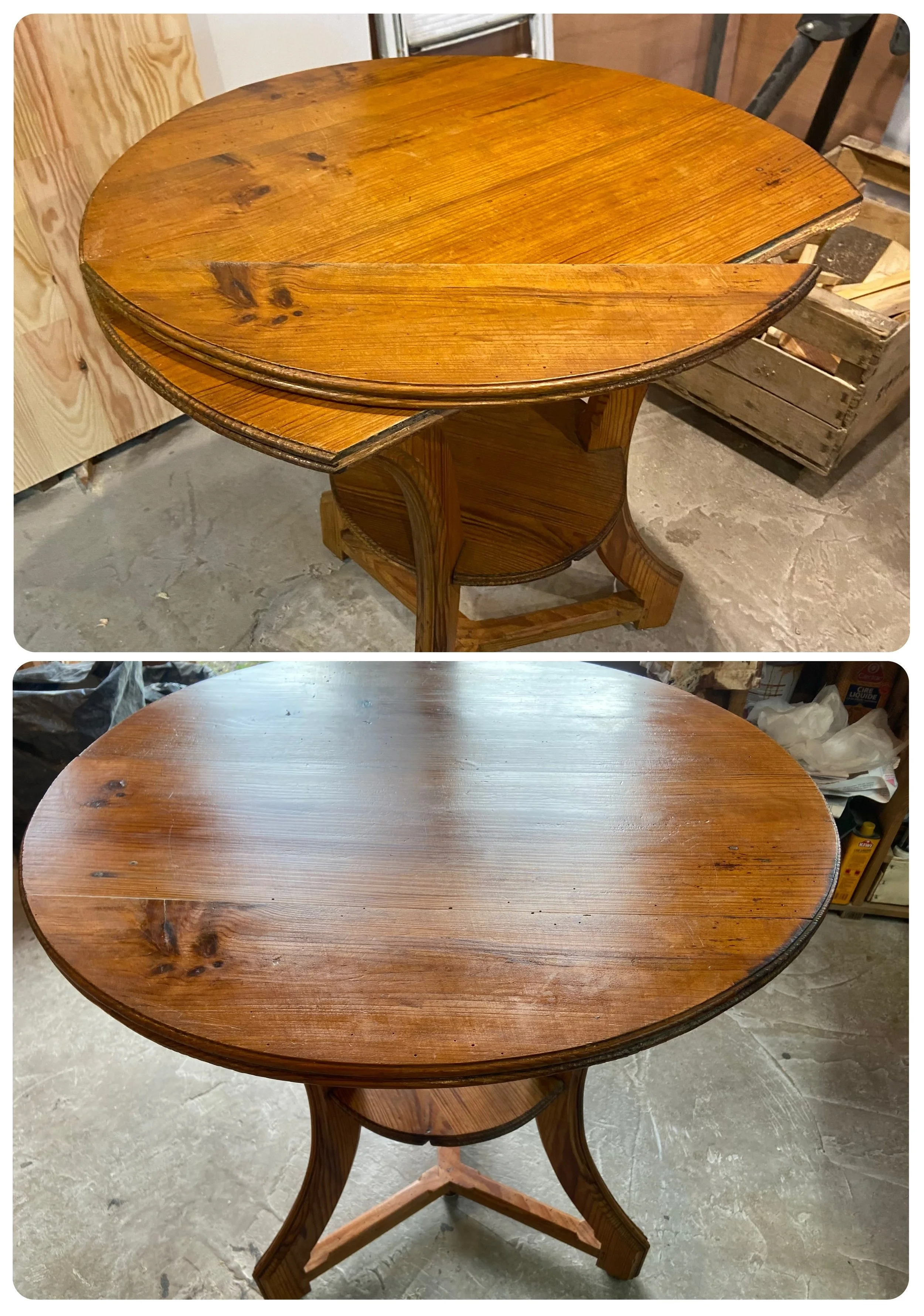 Comparison of a round wooden table before and after refinishing. The top image shows the table with a damaged and worn surface, while the bottom shows the same table with a smooth, polished finish.