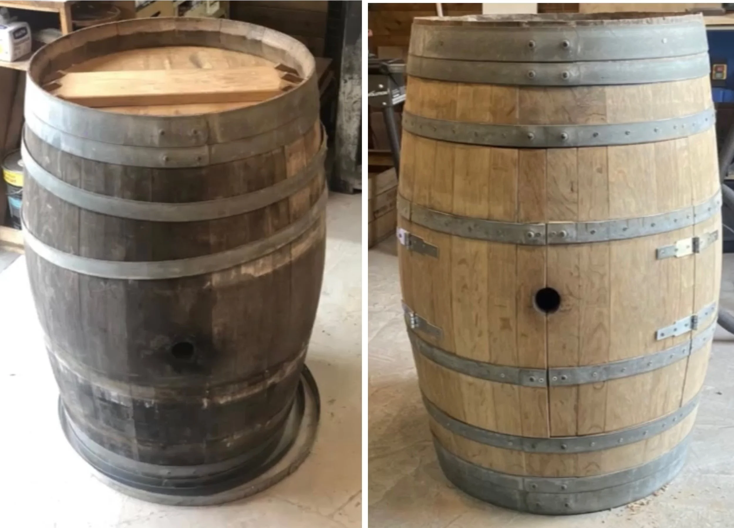 Comparison of a wooden barrel before and after refurbishment; the left barrel appears old and weathered, while the right barrel looks new and refinished.