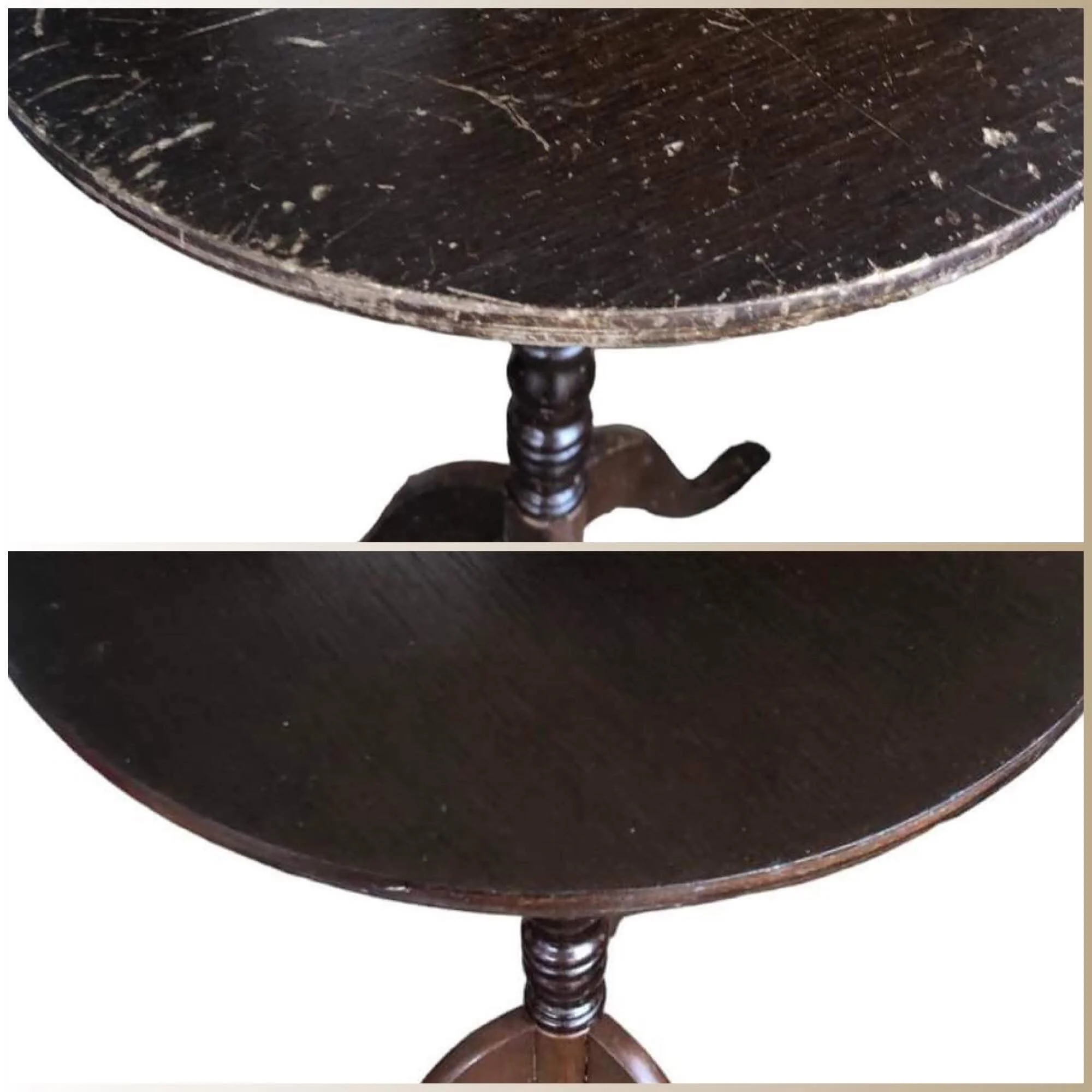 A side-by-side comparison of a dark wooden table, showing the top surface and the base which has a turned leg and curved supports.