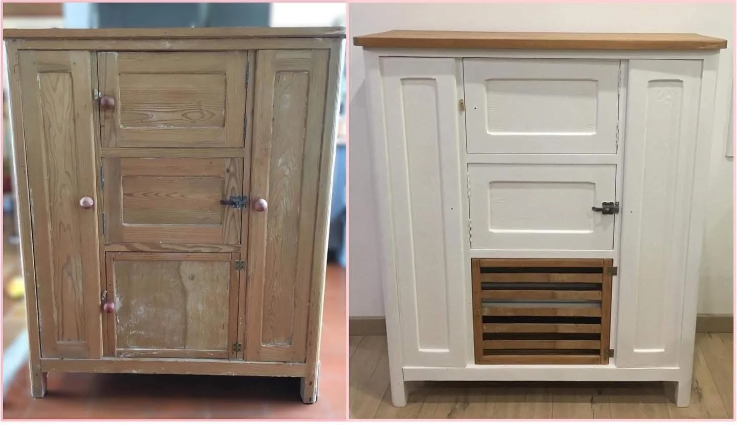 Side-by-side comparison of a wooden cabinet before and after being painted and refinished. The left cabinet is unfinished natural wood, and the right cabinet is painted white with a wooden top and slatted door.