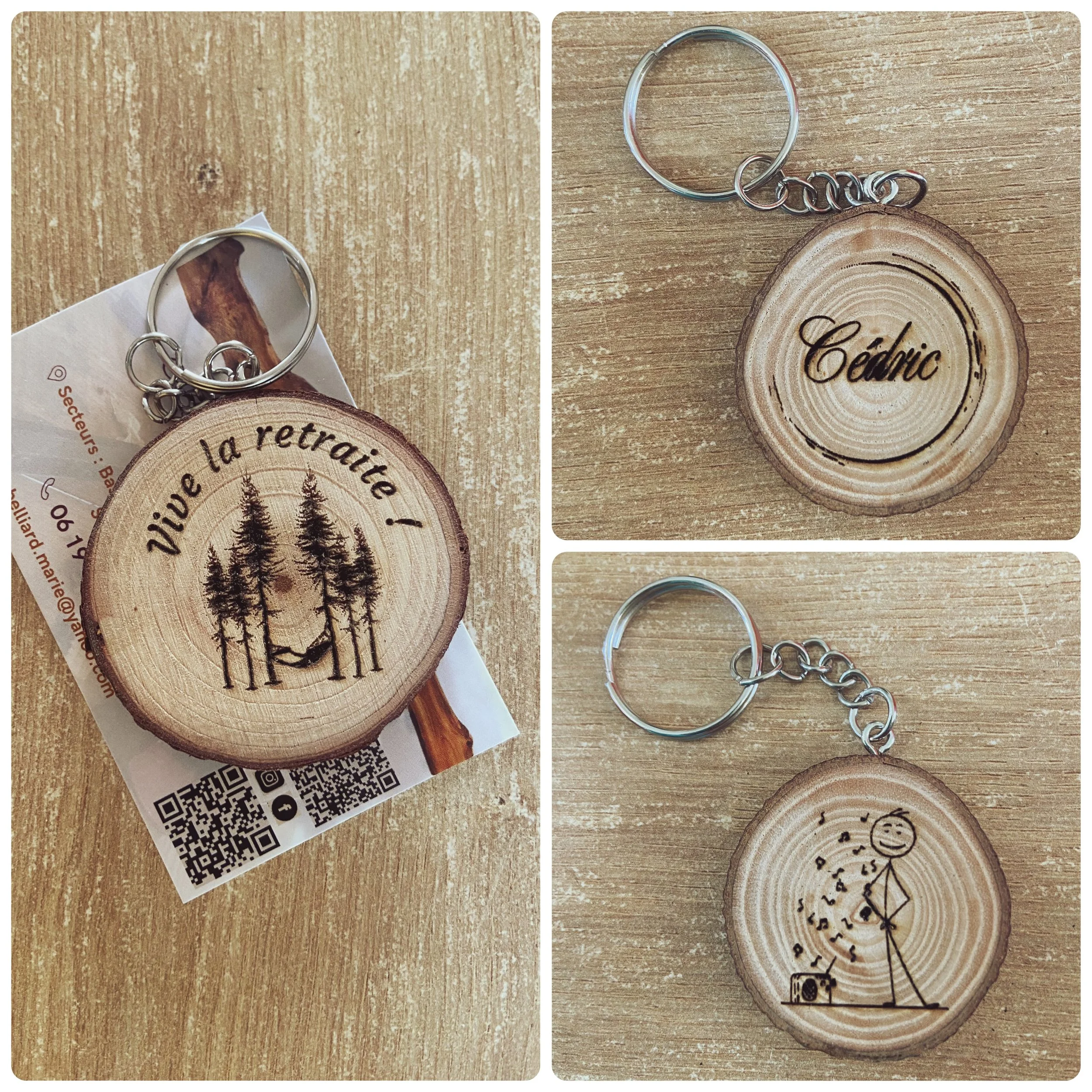 A wooden keychain with engraved designs; one side has an image of a hammock between trees and the phrase 'Vive la retraite!', and the other side has an engraved name 'Cédric'.