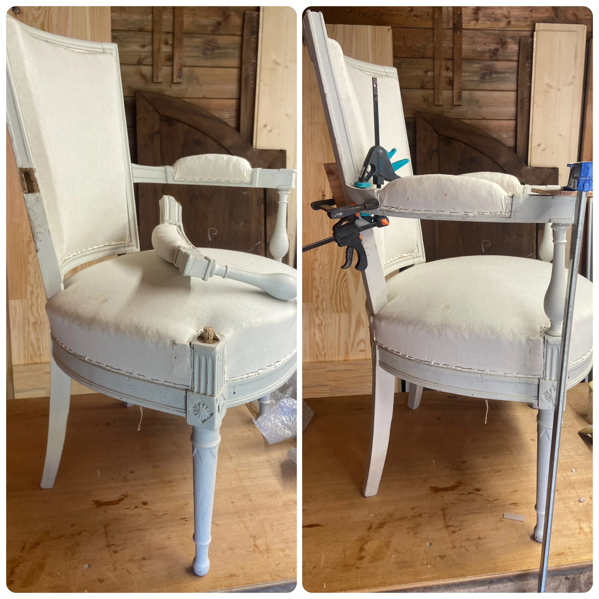 Side-by-side images of a vintage white wooden chair with upholstered seat and backrest being restored. The first image shows the chair with a damaged armrest, and the second image shows the armrest being glued and clamped for repair.