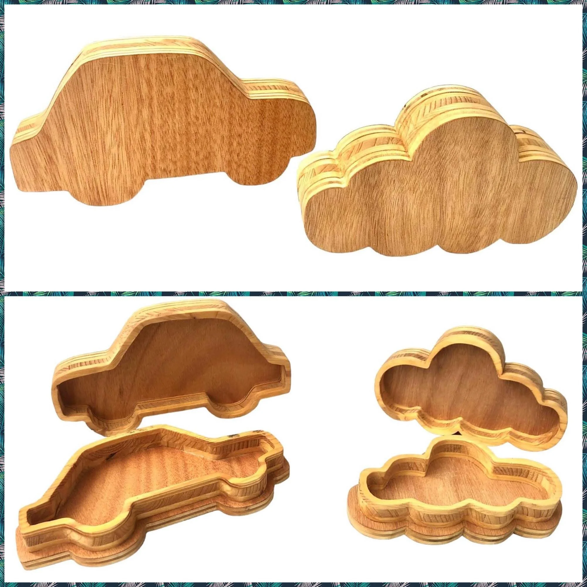 Wooden cloud-shaped storage boxes, some with lids, shown from different angles.