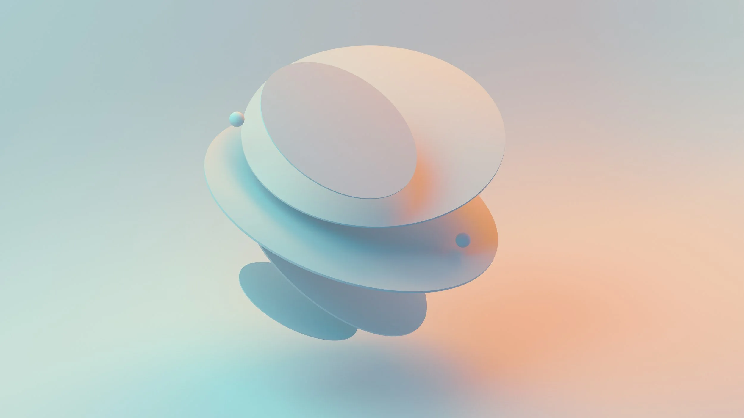 Abstract digital art featuring layered, pastel-colored shapes resembling rings or discs with small spheres, creating a modern, geometric composition.