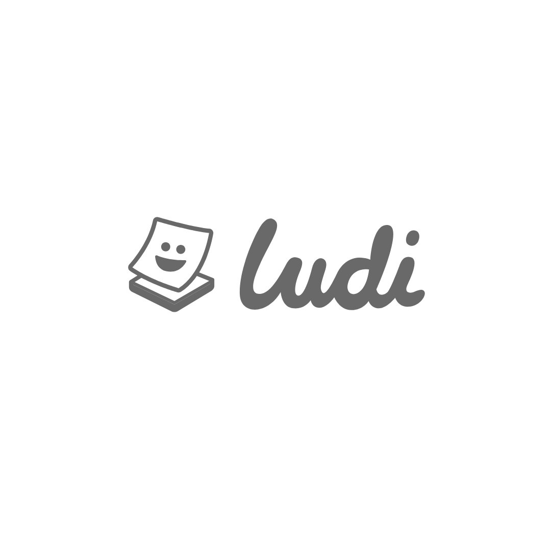Black background with a cartoon-style smiling face on a square, and the word 'ludi' in gray, handwritten font.