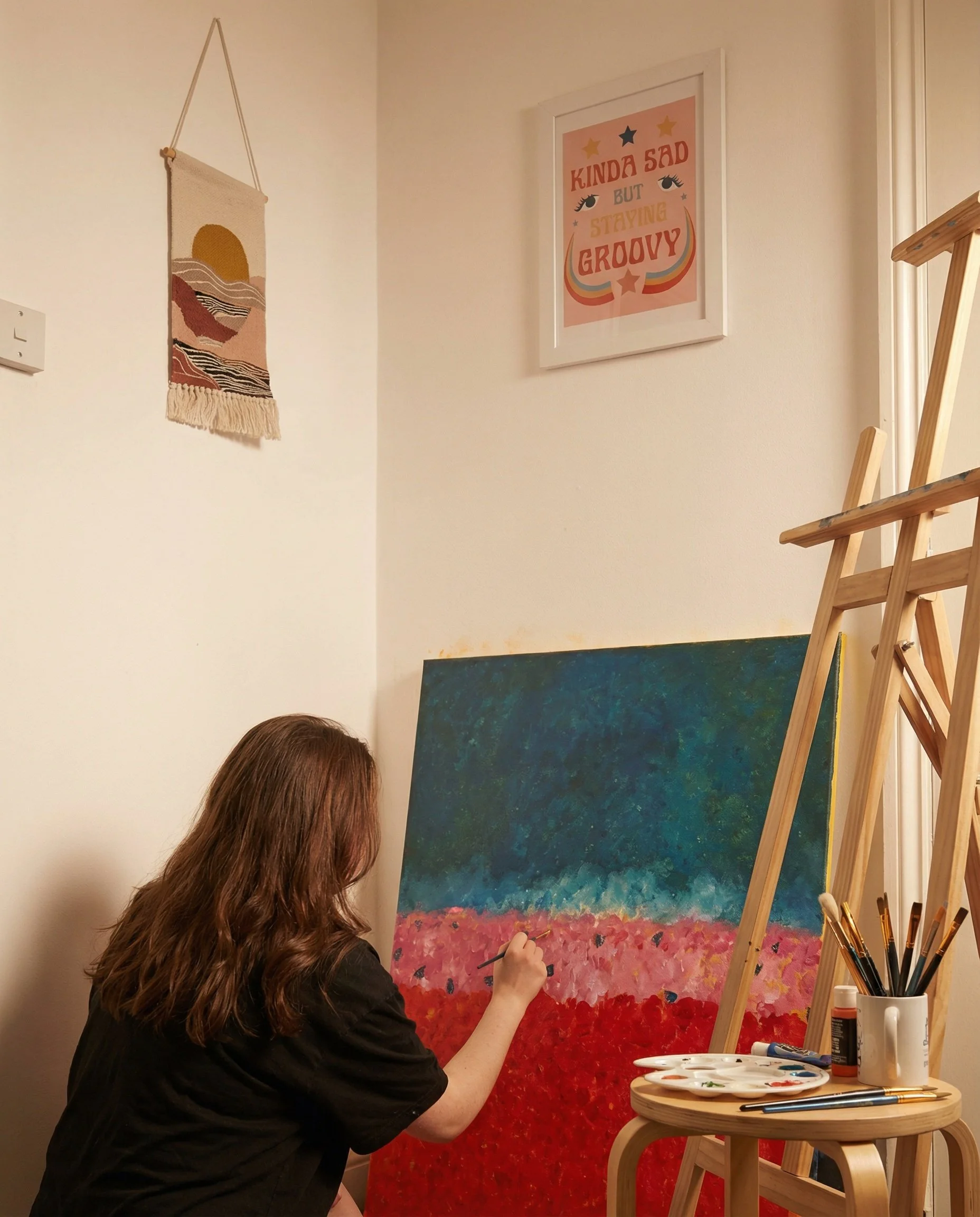 A person with brown hair painting a colorful landscape on a large canvas, with a palette and brushes on a small round table nearby; artwork and quotes decorate the wall.