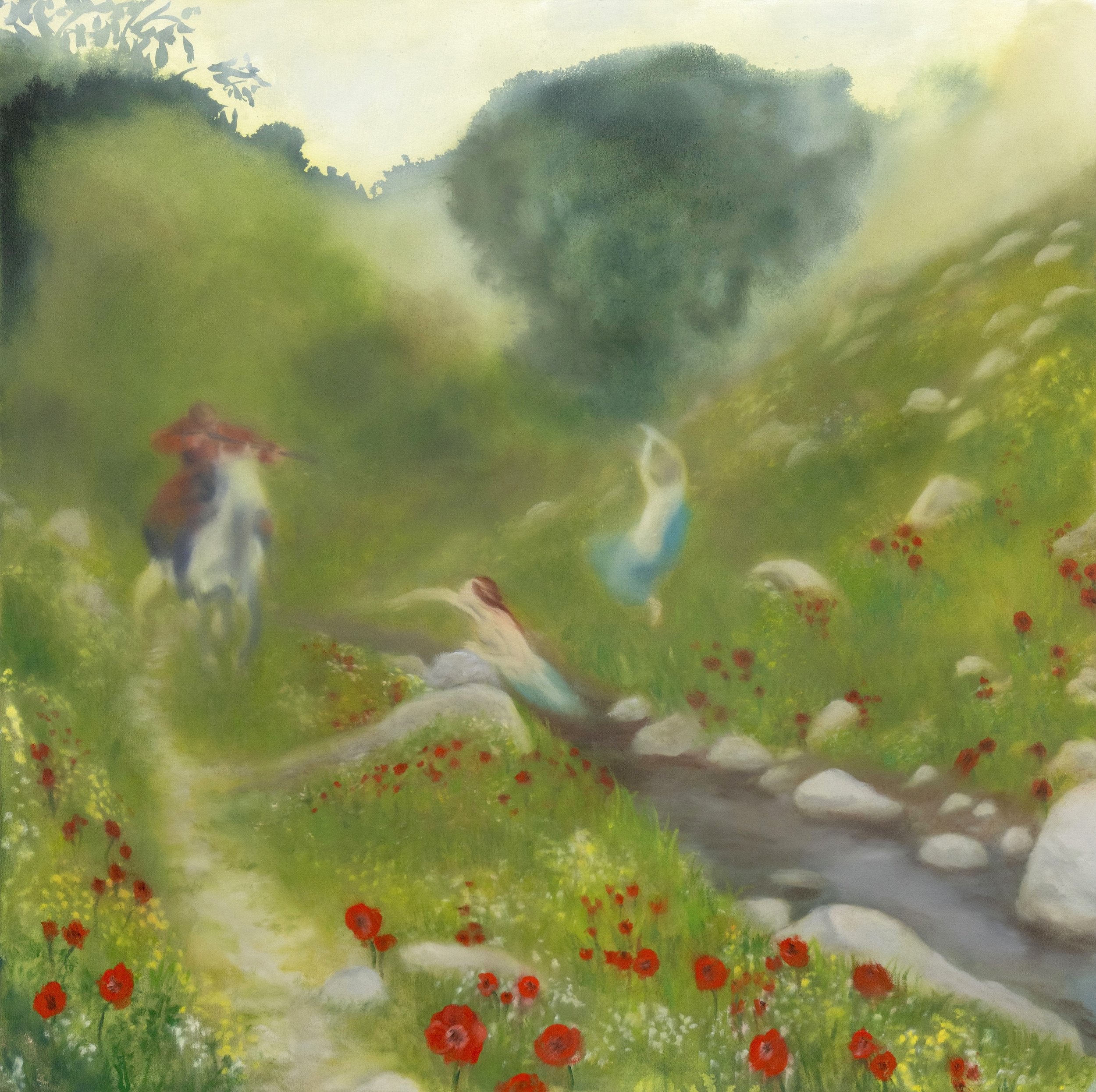 'The Stream in the Valley of the Orchards during Poppy Season' Oil and Acrylic Ink on Canvas,  100 x 100 cm