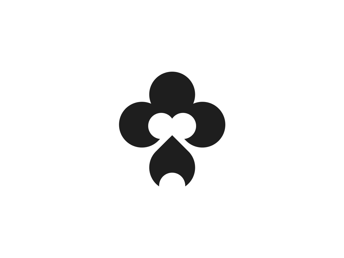 Black and white graphic of a club symbol with a heart and spade integrated into the design.